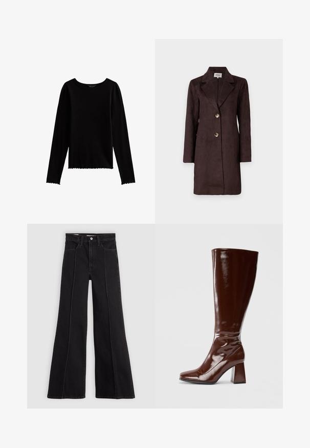 Bruin suède lange jas met een gekartelde revers, twee grote knopen en een rechte silhouette. Soepele textuur met een minimalistisch ontwerp.; Zwarte lange mouwen top van rekbaar materiaal met een ronde hals en een scalloped zoom. Beschikt over aansluitende mouwen en een cropped silhouet.; Zwarte hoogtaille wijde jeans met naaddetails aan de voorkant, knoopsluiting, riemlussen en voorzakken op een effen lichte achtergrond.; Kniehoge bruine laarzen van gepatenteerd leer met een vierkante neus, glanzende afwerking en een chunky hak voor stabiliteit. Naadloos ontwerp zonder zichtbare hardware.