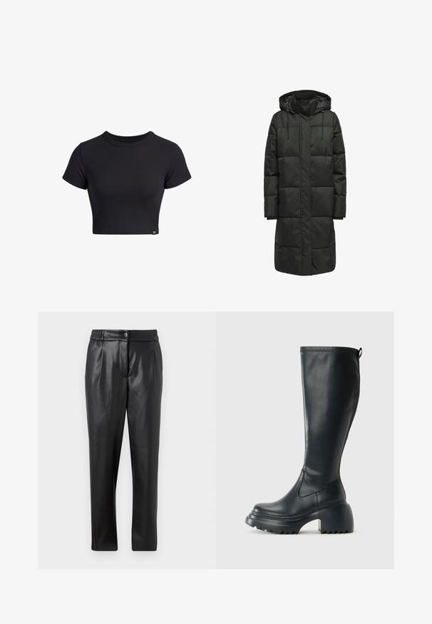 Musta voodriline jakk kapuutsiga, millel on tõmblukk, nöörid ja tikandiga disain. Materjal näib olevat sile ja kerge läikega.; Must mustriba lühikeste varrukatega crop topp, ümarate kaelustega. Omab sobivat disaini ja väikest logotagi vasakus allnurgas.; Mustad nahkpüksid, millel on sile tekstuur, sirge lõige, elastne vöökoht ja esine nupuga sulgemine; volditud detailid ja kitsenevad sääred.; Kõrge must nahksaapad, millel on massiivne platvormi tald ja blokk-kand, varustatud tõmbenööriga ja tekstuuriga väljatõmbejääk.