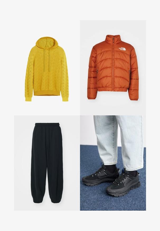 Narancssárga pufi dzseki, magas gallérral, cipzáros záródással, steppelt mintákkal és bal mellen elhelyezett logóval. Két oldalsó zseb.; Sárga kötött kapucnis pulóver texturált mintával, zsinórral ellátott kapucnival, bordás mandzsettákkal és aljal. Az anyag hullámos mintázattal rendelkezik.; Fekete, rugalmas derékpántos melegítőnadrág, laza fit, véget érő szárakkal, sima textúrával, látható minták vagy hardver díszek nélkül.; Fekete sportcipők texturált anyaggal és gumitalppal, elasztikus fűzőkkel és kék kiegészítővel a saroknál. Világos farmernadrággal viselve.
