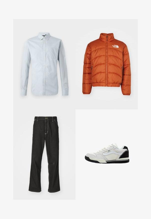 Puffa bunda v oranžové barvě, s vysokým límcem, zapínáním na zip, prošitými vzory a logem na levé hrudi. Dvě boční kapsy.; Světle modrá košile na knoflíky s tenkými svislými pruhy. Má límeček, dlouhé rukávy, kapsu na levé straně hrudi a knoflíkové detaily.; Černé denimové džíny s volným střihem, s kontrastním bílým prošíváním, zapínáním na knoflík a rovnými nohavicemi.; Bílé a černé tenisky se svrškem z veluru a síťoviny, zaoblenou špičkou, šněrovacím designem a gumovou podešví s texturovaným vzorem.