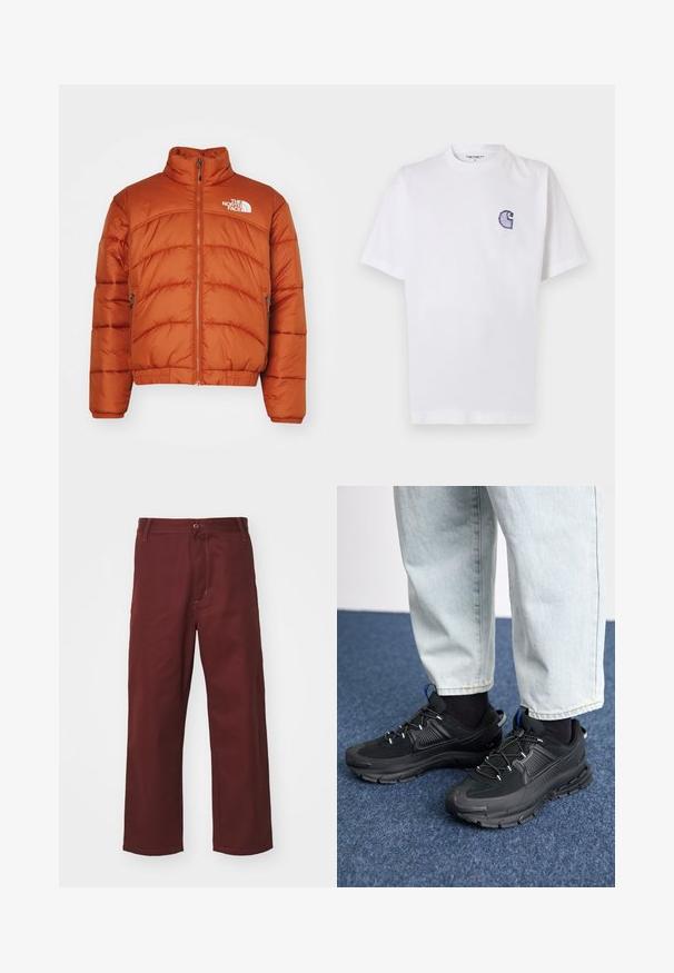 Puffer jacket in orange, featuring a high collar, zipper closure, stitched patterns, and logo on the left chest. Two side pockets.; White cotton t-shirt with short sleeves, round neckline, and a small, embroidered blue "C" logo on the left chest area.; Burgundy, straight-leg pants made of smooth fabric; features a button closure and front pocket. Simple design with stitching accents.; Black athletic shoes with textured fabric and rubber soles, featuring elastic laces and a blue accent on the heel. Worn with light denim pants.