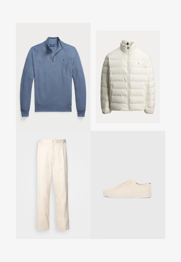 Hvit dunjakke med glidelåslukking, høy krage, quiltet design og logo på brystet. Laget av glatt, lett stoff.; Lyseblå genser med glidelås i kragen, ribbede mansjetter og nederkant, med et teksturert mønster og en liten logo på venstre bryst.; Beige bomullsbukser med rett benfatt, med knappelukking og folder foran for ekstra detaljer.; Beige lerretsko med rund tå, flat gummisåle og snøring foran. Har et minimalistisk design og en kontrasterende svart detalj ved hælen.