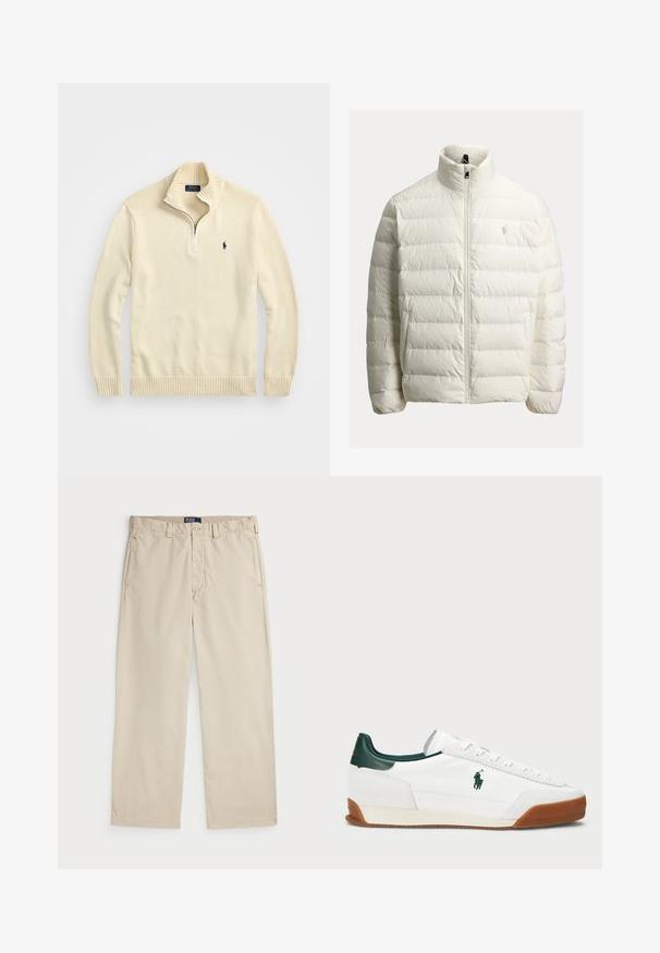 Fehér pufi dzseki cipzáras záródással, magas gallérral, steppelt mintával és logóval a mellrészen. Simogató, könnyű anyagból készült.; Krém színű, zipzáros pulóver kötött anyagból, bordázott gallérral és szegéllyel, valamint egy kis sötétkék hímzett logóval a mellkasán.; Beige színű pamut chino nadrág egyenes szabással, gombos záródással és két elülső zsebbel. Simaság és egyszínű megjelenés jellemzi.; Fehér sneaker zöld bőr részletekkel és homokszínű gumitalppal. Textilből készült, oldalt kiemelkedő logóval. Fűzős kialakítás.