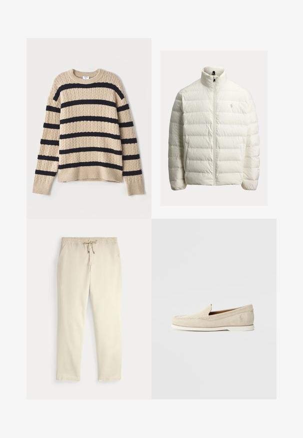 Balta pūdera jaka ar rāvējslēdzēja aizdari, augstu apkakli, kapitonētu dizainu un logotipa akcentu uz krūtīm. Izgatavota no gludas, vieglas auduma.; Gaišbrūns adīts džemperis ar tumši ziliem horizontāliem svītrām, ar teksturētu rakstu un ribotām piedurknēm. Apaļa kakla izgriezums un brīvs piegriezums.; Off-white ikdienas bikses ar elastīgu jostu un auklu, taisnām kājām un sānu kabatām uz vienkārša fona.; Polo Ralph Lauren MERTON VENETIAN LOAFER - Mokasīni - milkshake
