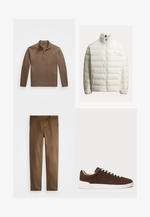 Geacă matlasată albă cu închidere cu fermoar, guler înalt, design matlasat și accent cu logo pe piept. Confecționată dintr-un material neted și ușor.; Pulover maro cu guler cu fermoar. Manșete ribbate, textură moale și un mic logo pe piept. Material din amestec de bumbac.; Chino maro din bumbac cu o textură netedă, design cu picior drept, buzunare frontale și închidere cu nasture. Stil simplu, fără modele sau ornamente.; Sneaker băiețesc din nubuc maro, cu talpă din cauciuc alb, șireturi albe și logo-ul brodat Polo pe lateral.