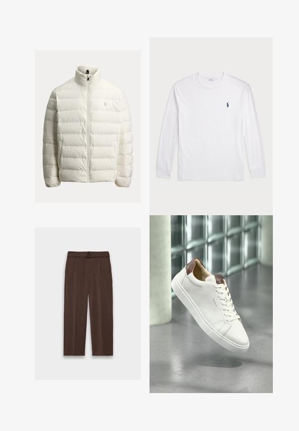 Valge puffer-jakk tõmblukuga, kõrge krae, tikandiga muster ja rinnal logoga kujundus. Valmistatud siledast, kergest kangast.; Valge pika varrukaga T-särk, millel on puuvillane kangas. Omab ümmargust kaelust, soonikuid mansette ja väikest tumesinist polo logo vasakul rinnaosas.; Pruunid püksid vööga, kõrge vöökoha, volditud esiosa ja küljetaskutega; valmistatud siledast, tekstuurilisest kangast.; Valge nahast tenniseking, millel on pruun nahk kontsapaneel, seotud disain, kummist tald ja külje peal reljeefne logo. Siledat tekstuuri ja minimalistlik stiil.