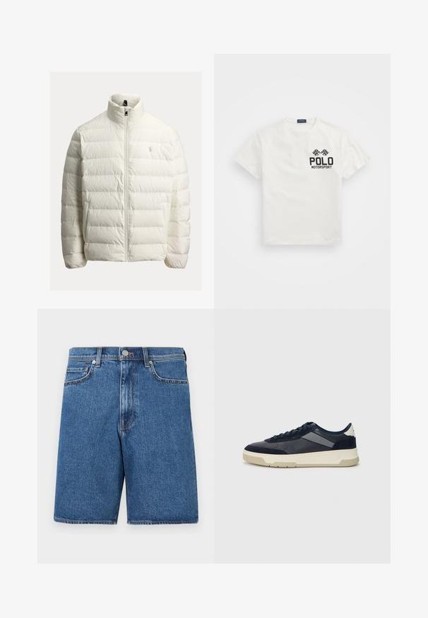 Vit vadderad jacka med dragkedja, hög krage, quiltad design och logodetalj på bröstet. Tillverkad av mjukt, lätt tyg.; Vit bomulls T-shirt med rund hals, med en svart "Polo Motorsport" logotyp och korsade rutig flaggor på vänster bröst.; Jeansshorts i en medelblå nyans, med en klassisk design med fem fickor, sydda detaljer och en rak passform.; BOSS BALTIMORE - Sneakers - open blue