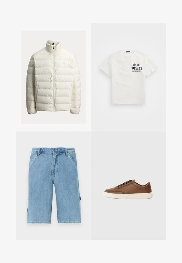 Bijela prozračna jakna prošivenog dizajna s zatvaračem, visokim ovratnikom i logotipom na prsima. Izrađena od glatkog, laganog materijala.; Bijela pamučna majica s okruglim izrezom, sa crnim logom "Polo Motorsport" i unakrsnim kockastim zastavicama na lijevoj strani prsnog dijela.; Svijetloplave traper kratke hlače ravnog kroja, s prednjim džepovima i bočnim cargo džepom, prikazujući izblijedjelu teksturu i petlje za remen na struku.; Smeđe kožne tenisice s glatkom površinom, vezivanjem na vezice i kontrastnom rubnom bijelom gumom. Minimalno brendiranje sa strane.