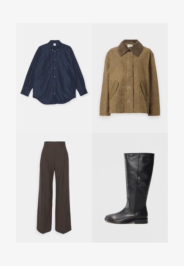 Giacca cerata marrone con colletto in corduroy, dotata di due tasche laterali angolate e una vestibilità rilassata e squadrata. Tessuto morbido con un aspetto leggermente usurato.; Camicia a maniche lunghe blu navy, con una texture simile alla seta, dotata di una tasca singola sul petto e orlo arrotondato. Presenta colletto e polsini con bottoni.; Pantaloni ampi marrone scuro con vita alta, caratterizzati da pieghe ben stirate, una texture liscia e una vestibilità su misura.; Stivale in pelle nera altezza ginocchio con tacco basso e punta arrotondata, che mostra dettagli di cucitura lungo il gambale e la tomaia.