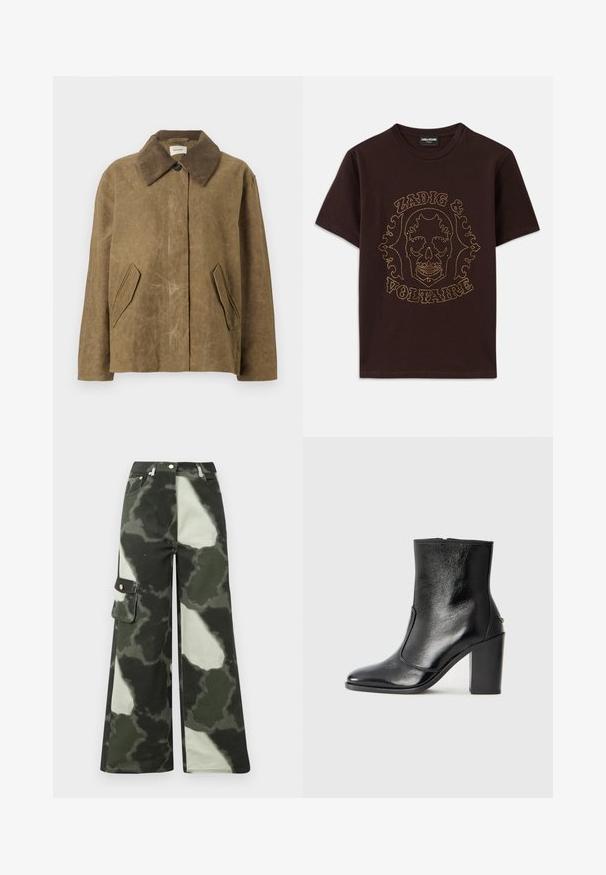 Rudas vaškas paltas su šonine korėja, turintis du kampinius šoninius kišenes ir laisvą, kvadratinį siluetą. Minkšta tekstūra su šiek tiek nusidėvėjusia išvaizda.; Juodas medvilnės marškinėliai, su auksinėmis skaldytomis kaukolėmis, ant kurios yra užrašas "Zadig & Voltaire", trumpomis rankovėmis ir apvaliu kaklu.; Plačios kojų krovinio kelnės tamsiai žaliai ir šviesiai pilkos kamufliažo raštu. Yra šoninis kišenė ir metalinė mygtukas, pagamintos iš tvirto medvilnės medžiagos.; Juodas odinis kulkšninis batas su lygiu paviršiumi, smailiu pirštu ir masyviu aukštu kulnu. Savybė - šoninis atidarymas ir minimalistiškas dizainas.