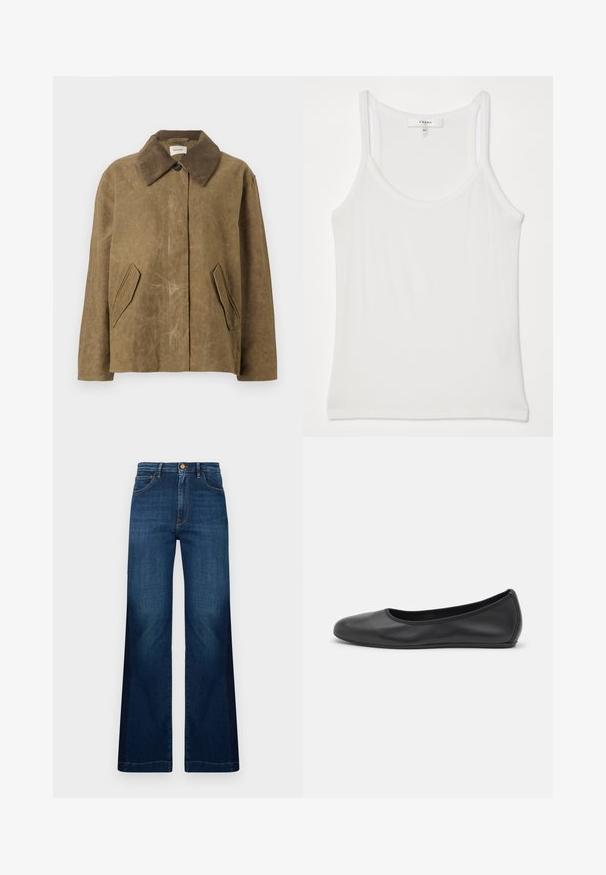 Bruine gewaxte jas met een corduroy kraag, met twee schuin geplaatste zijzakken en een ontspannen, boxy pasvorm. Zachte textuur met een iets versleten uiterlijk.; Witte mouwloze tanktop van zacht, geribbeld materiaal; heeft dunne schouderbandjes en een ronde halslijn, label leest "FRAME."; Wijdvallende donkerblauwe jeans van denim, met een hoge taille, voorzakken en contrasterende oranje stiksels.; Zwarte leren ballerina met een ronde neus, gladde textuur, minimale stikdetails en een flexibele zoolontwerp.