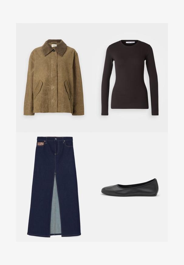 Barna viaszolt dzseki kordbársony gallérral, két ferde oldalsó zsebel és laza, dobozszerű fazon jellemzi. Puha tapintású, enyhén kopott megjelenéssel.; Hosszú ujjú fekete felső, puha, rugalmas anyagból. Kerek nyakkivágással és karcsú szabással rendelkezik, sima textúrával és látható minták nélkül.; Sötét kék farmer szoknya elöl vágott résszel, kontrasztos sárga varrással és egy barna bőrcímkével a derékrészi zsebben.; Fekete bőr balettcipő lekerekített orral, sima tekstúrával, minimális varrással és rugalmas talp kialakítással.