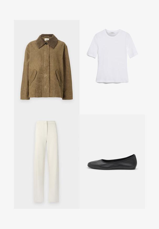 Chaqueta encerada marrón con cuello de pana, que presenta dos bolsillos laterales en ángulo y un ajuste relajado y cuadrado. Textura suave con un aspecto ligeramente usado.; Camiseta de manga corta blanca hecha de tela de canalé. Cuello redondo, corte regular y detalles de costura sutiles. Sin patrones ni gráficos.; Pantalones de pierna ancha color crema, hechos de un tejido suave, que presentan un frente plano, bolsillos laterales y detalles cosidos a lo largo de las costuras.; Bailarina de piel negra con punta redondeada, textura suave, detalle de costura minimalista y diseño de suela flexible.
