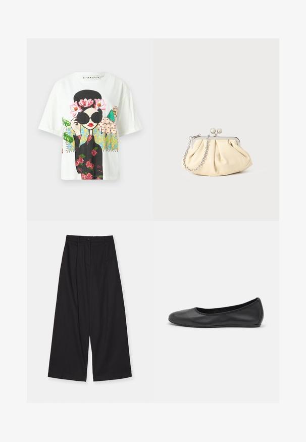 Brun vokset jakke med ribbede krave, der har to skrå sidelommer og en afslappet, boxy pasform. Blød tekstur med et let slidt udseende.; Hvid kortærmet t-shirt med en farverig grafik af en kvinde med sorte solbriller, blomsterdetaljer og indviklede baggrundsmønstre.; Sorte brede bukser lavet af et glat stof, med høj talje, forskydninger foran, knaplukning og en lige silhuet.; Sort læderballetsko med rund tå, glat tekstur, minimal syning og et fleksibelt såldesign.; Plisseret beige læderclutch med en sølvmetalramme, der har to runde dekorative låse og en sølvkædetrasporte.