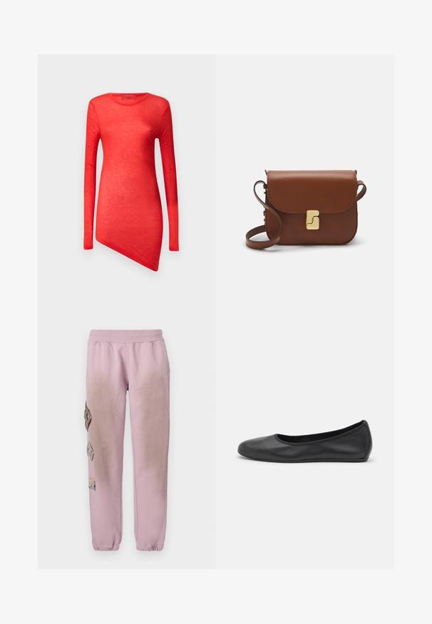 Brūna vaskota jak un ar kordūras apkakli, ar divām slīpām sānu kabatām un brīvu, kvadrātveida piegriezumu. Mīksta tekstūra ar nedaudz nolietotu izskatu.; Sarkanais garo piedurkņu tops ar asimetrisku apakšmalu, izgatavots no viegla materiāla. Gluda tekstūra ar apaļu kakla izgriezumu un minimālām šuvēm.; Rozā sporta bikses ar elastīgu jostu, kurām labajā pusē ir dekoratīvi uzliktni dimanta formā un elastīgas apkakles pie potītēm.; Melna ādas baleta kurpe ar noapaļotu purngalu, gludu tekstūru, minimālu šuvju detalizāciju un elastīgu zoles dizainu.; Bordo ādas rokas soma ar atloku, zeltītām detaļām, plecu siksnu un gludu virsmu. Kompakta, taisnstūrveida forma.