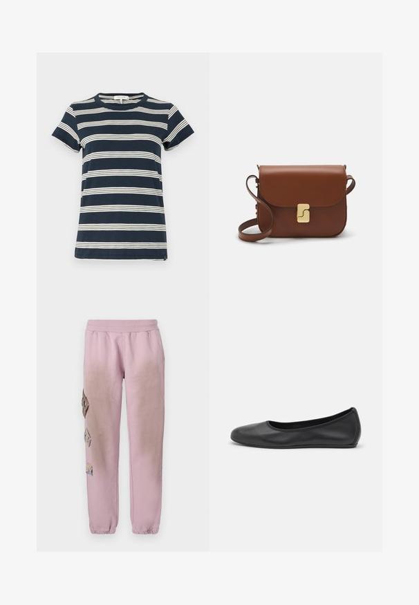 Barna viaszolt dzseki kordbársony gallérral, két ferde oldalsó zsebel és laza, dobozszerű fazon jellemzi. Puha tapintású, enyhén kopott megjelenéssel.; Tengerészkék csíkos póló, pamutból készült; rövid ujjú, kerek nyakú, az elején és a hátán fehér vízszintes csíkokkal.; Rózsaszín melegítőnadrág elasztikus derékkal, bal oldalon gyémánt alakú dekoratív foltokkal és elasztikus szárakkal az bokákon.; Fekete bőr balettcipő lekerekített orral, sima tekstúrával, minimális varrással és rugalmas talp kialakítással.; Barna bőr kézitáska, hajtókás zárással, arany színű fém kiegészítőkkel, vállpánttal és sima felülettel. Kompakt téglalap alakú.