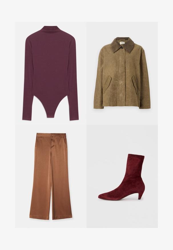 Brun vokset jakke med ribbede krave, der har to skrå sidelommer og en afslappet, boxy pasform. Blød tekstur med et let slidt udseende.; Burgundy langærmet bodysuit med høj hals, lavet af blødt stof, med en tanga skæring i bunden og tætsiddende ærmer.; Brune brede bukser lavet af satin, med sidelommer, en glat tekstur og en skræddersyet talje for en struktureret pasform.; Bordeaux ruskinds ankelstøvle med spids tå og lav hæl. Glat tekstur og tætsiddende design uden synligt hardware eller mønstre.