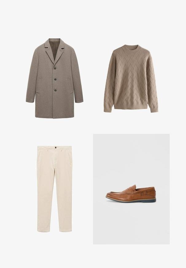 Beige ullkappa med slagkrage, treknappslåsning, sidofickor och rak passform med en texturerad yta.; Beige stickad tröja med ett strukturerat diamantmönster, med rund halsringning och långa ärmar. Mjuk tyg med ribbade muddar och nederkant.; Beiga bomullbyxor med rak passform, utrustade med två sidofickor, en framknapp och dragkedja, samt en mjuk yta.; Bruna läder loafers med rund tå, sydda accenter och en låg gummisula. Designen har ett band över framsidan.