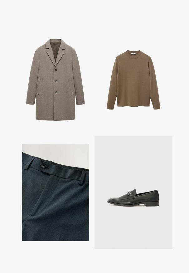 Béžový vlnený kabát s klopovým golierom, trojica gombíkov, bočné vrecká a rovný strih s textúrovaným povrchom.; Hnedý sveter s dlhým rukávom a okrúhlym výstrihom, vyrobený z hladkého, jemného materiálu; má voľný strih a rovný lem.; Námornícke modré nohavice s textúrovanou tkaninou, s jedným gombíkom na zapínanie a rovnou prednou časťou. Jemný vzor pridáva vizuálny záujem.; Čierne kožené loafers s hladkým povrchom, s prešitým dizajnom a dekoratívnym kovovým reťazovým akcentom cez priehlavok. Plochý podpätok.