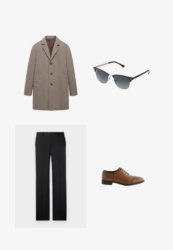 Beige wool coat with a notched lapel, three-button closure, side pockets, and straight cut featuring a textured finish.; Cable-knit, cream-colored sweater with a high turtleneck. Features ribbed cuffs and hem. Made of textured, soft knit fabric.; Pack of three t-shirts: one black and two white. Each has a crew neck, short sleeves, and is made of smooth cotton fabric.; Black, tailored pants with a straight leg cut, smooth fabric, front creases, and a single button closure at the waist.; Brown leather dress shoe with intricate broguing details, round toe, and flat heel. Features five lace eyelets and a smooth texture.; Black and silver sunglasses with a cat-eye shape, gradient lenses, and metallic accents on the frame. Plastic arms with grey tips.