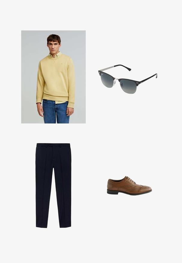 Beige wool coat with a notched lapel, three-button closure, side pockets, and straight cut featuring a textured finish.; Scalpers FADE  - Sweatshirt - mustard; Pack of three t-shirts: one black and two white. Each has a crew neck, short sleeves, and is made of smooth cotton fabric.; Navy blue trousers with a flat front design, made of smooth fabric. Featured details include two side pockets and a zip fly with button closure.; Brown leather dress shoe with intricate broguing details, round toe, and flat heel. Features five lace eyelets and a smooth texture.; Black and silver sunglasses with a cat-eye shape, gradient lenses, and metallic accents on the frame. Plastic arms with grey tips.