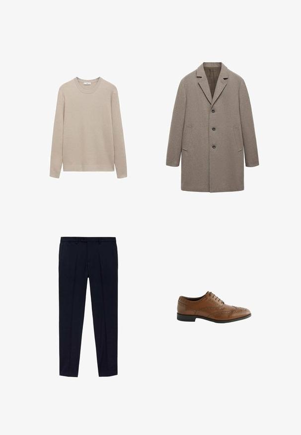 Beżowy wełniany płaszcz z klapami, zapięciem na trzy guziki, bocznymi kieszeniami i prostym krojem z fakturowanym wykończeniem.; Beżowy sweter z prążkowanego materiału o okrągłym dekolcie, długich rękawach i prostym wykończeniu. Miękka tekstura i neutralny kolor, idealne do warstwowego ubierania.; Zestaw trzech t-shirtów: jeden czarny i dwa białe. Każdy ma okrągły dekolt, krótkie rękawy i jest wykonany z gładkiej bawełny.; Granatowe spodnie z gładkim przodem, wykonane z gładkiego materiału. Zawierają dwa boczne kieszenie oraz zamek błyskawiczny z zapięciem na guzik.; Brązowe skórzane buty formalne z misternym detalem broguing, okrągłym noskiem i płaskim obcasem. Posiadają pięć otworów na sznurówki i gładką teksturę.