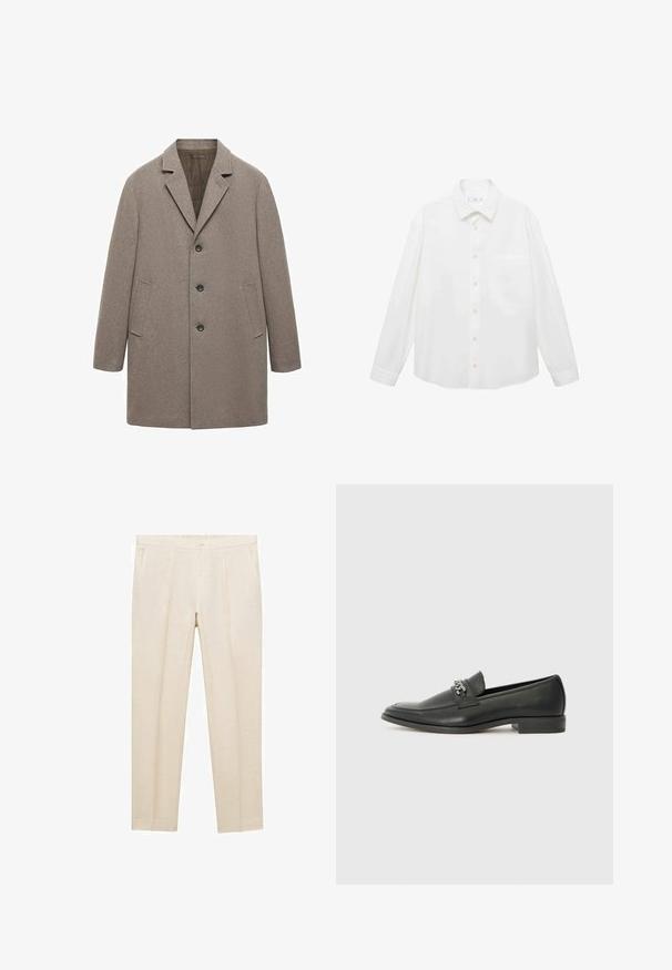 Beige wool coat with a notched lapel, three-button closure, side pockets, and straight cut featuring a textured finish.; Mango ANTARES - Shirt - white; Beige linen trousers with a straight fit, featuring a flat front, two side pockets, and a single hook closure at the waist.; Black leather loafer with a smooth finish, featuring a stitched design and a decorative metal chain accent across the vamp. Flat heel.