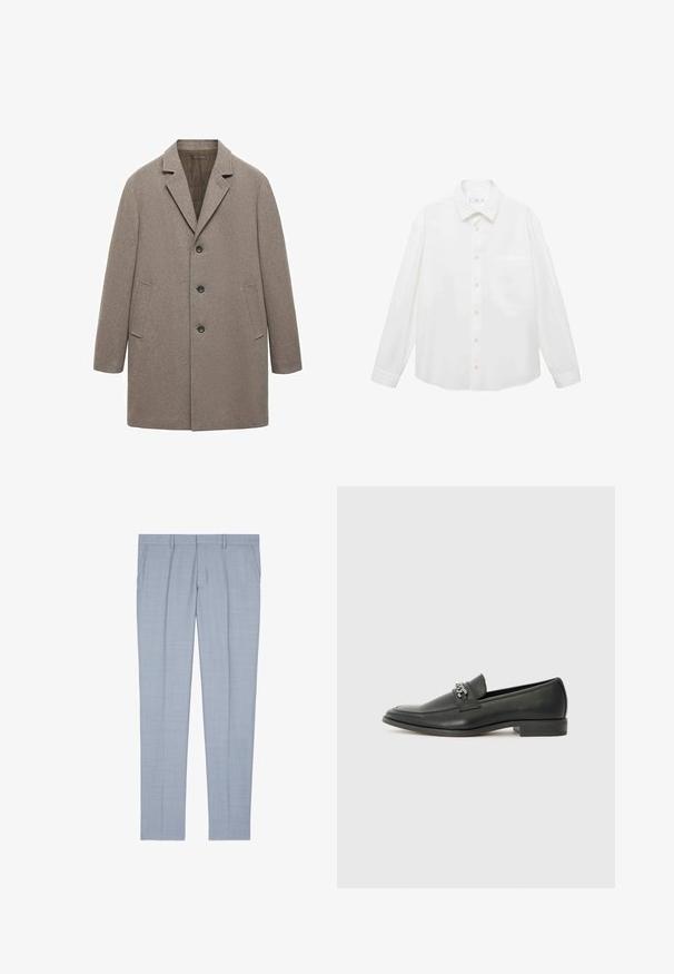 Beżowy wełniany płaszcz z klapami, zapięciem na trzy guziki, bocznymi kieszeniami i prostym krojem z fakturowanym wykończeniem.; Mango ANTARES biały; The Kooples - Spodnie garniturowe; Czarne skórzane mokasyny o gładkim wykończeniu, z haftowanym wzorem i dekoracyjnym akcentem z metalowego łańcucha na wierzchu. Płaska pięta.