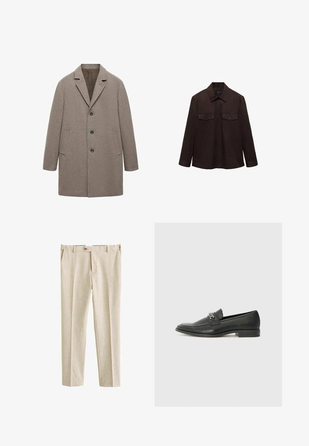 Palton bej din lână cu rever în formă de v, închidere cu trei nasturi, buzunare laterale și croială dreaptă, având un finisaj texturat.; Cămașă lungă cu mânecă, de culoare maro închis, cu guler, două buzunare la piept și închidere cu nasturi, având o textură de țesătură netedă și durabilă.; Pantaloni bej dintr-un material texturat, cu un talie standard, pliseuri frontale și un închidere cu un singur nasture.; Pantofii negri din piele cu un finisaj neted, având un design cusut și un accent decorativ de lanț metalic peste partea de sus. Toc plat.