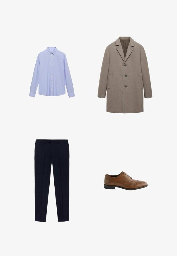 Béžový vlnený kabát s klopovým golierom, trojica gombíkov, bočné vrecká a rovný strih s textúrovaným povrchom.; Mango Košeľa - light blue; Balenie troch tričiek: jedno čierne a dve biele. Každé má okrúhly výstrih, krátke rukávy a je vyrobené z hladkej bavlnenej tkaniny.; Námornícke modré nohavice s plochým predným dizajnom, vyrobené z hladkej tkaniny. Medzi vyznačené detaily patrí dve bočné vrecká a zips s gombíkovým zapínaním.; Hnedé kožené spoločenské topánky s jemným broguingom, okrúhlym špico a plochým podpätkom. Obsahujú päť dierok na šnurovanie a hladký povrch.