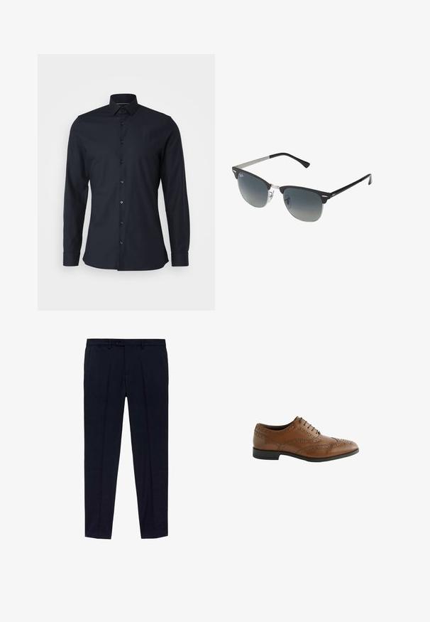 Cappotto in lana beige con revers a punta, chiusura con tre bottoni, tasche laterali e taglio dritto con finitura testurizzata.; Camicia button-up blu scuro con colletto classico, maniche lunghe e tessuto di cotone liscio. Presenta bottoni abbinati lungo la parte anteriore.; Pacchetto di tre t-shirt: una nera e due bianche. Ognuna ha un colletto rotondo, maniche corte ed è realizzata in morbido cotone.; Pantaloni blu navy con design a vita piatta, realizzati in tessuto morbido. I dettagli includono due tasche laterali e una chiusura con zip e bottone.; Scarpa da dress in pelle marrone con dettagli di broguing intricati, punta rotonda e tacco piatto. Presenta cinque occhielli per i lacci e una superficie liscia.; Occhiali da sole neri e argento con forma a occhio di gatto, lenti sfumate e dettagli metallici sulla montatura. Aste in plastica con punte grigie.