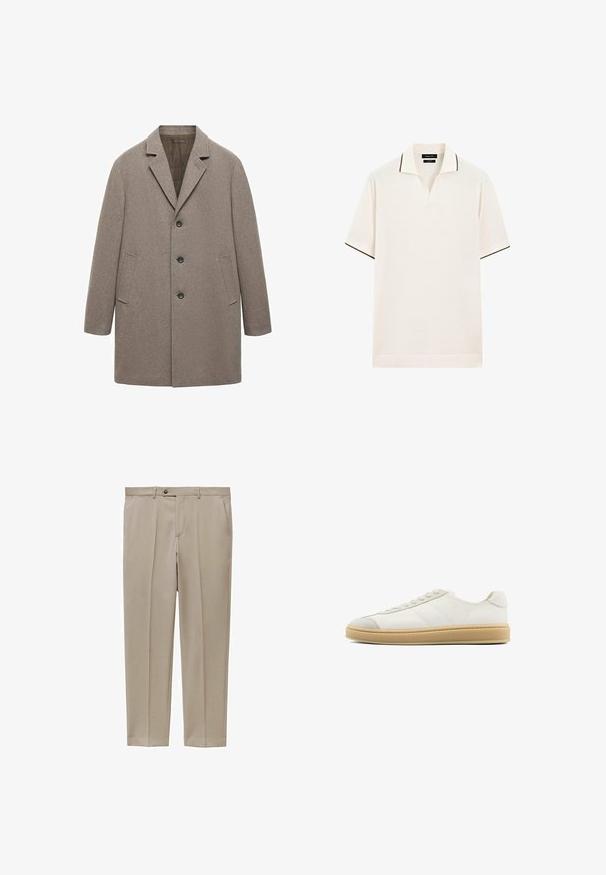 Beige uldebl coat med en klippet krave, tre-knaps lukning, sidelommer og lige snit med en struktureret finish.; Cremefarvet polo shirt med v-hals og kontrasterende mørk kant på kraven og ærmerne. Blødt stof, korte ærmer.; Beige bukser lavet af letvægtsstof, med lige ben, forknyttede folder og en enkelt knaplukning i taljen.; Hvide suede sneakers med en glat overflade, rund tå, snørebånd foran og en tan gummi sål. Har diskrete sidelister og hælaccenter.