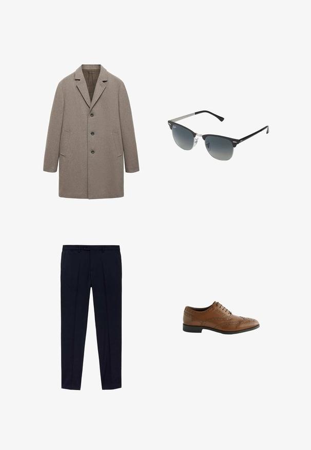 Béžový vlnený kabát s klopovým golierom, trojica gombíkov, bočné vrecká a rovný strih s textúrovaným povrchom.; Balenie troch tričiek: jedno čierne a dve biele. Každé má okrúhly výstrih, krátke rukávy a je vyrobené z hladkej bavlnenej tkaniny.; Námornícke modré nohavice s plochým predným dizajnom, vyrobené z hladkej tkaniny. Medzi vyznačené detaily patrí dve bočné vrecká a zips s gombíkovým zapínaním.; Hnedé kožené spoločenské topánky s jemným broguingom, okrúhlym špico a plochým podpätkom. Obsahujú päť dierok na šnurovanie a hladký povrch.; Čierne a strieborné slnečné okuliare v tvare mačacích očí so stupňovými šošovkami a kovovými akcentmi na ráme. Plastové nožičky s šedými koncami.