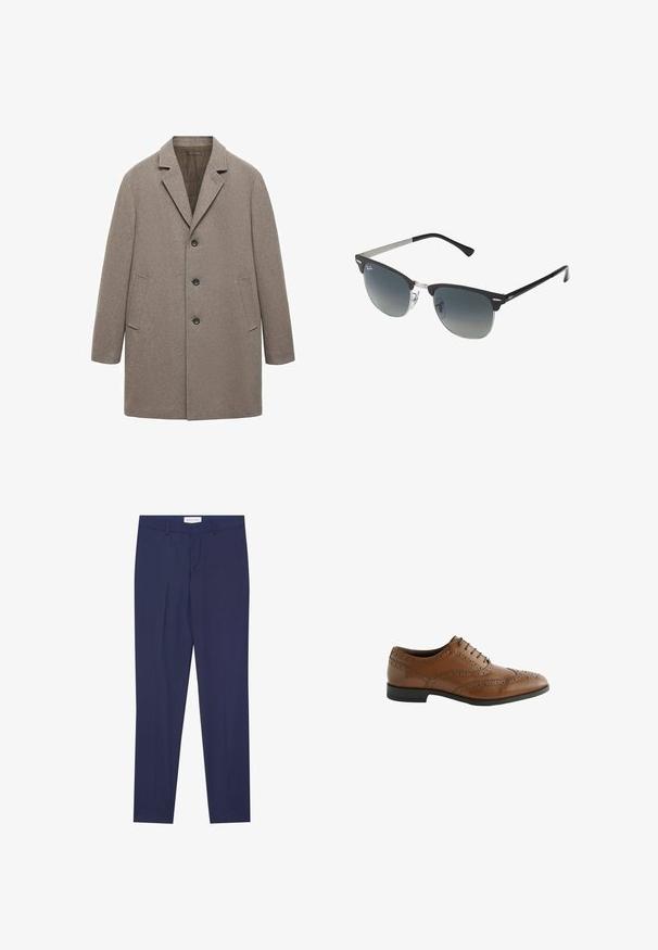 Bež plašč iz volne z razrezanim reverjem, zapiranjem na tri gumbe, stranskimi žepi in ravnim krojem ter teksturirano površino.; Paket treh majic: ena črna in dve beli. Vsaka ima okroglo ovratnik, kratke rokave in je izdelana iz gladkega bombažnega materiala.; Mornarski hlače iz gladkega materiala, s prednjim delom brez nabora, dvema stranskima žepoma, zadrgo in čistim robom brez vzorcev ali okrasnih elementov.; Rjave usnjene čevlje za obleko z zapletenimi broguing podrobnostmi, okroglo konico in ravnim peto. Ima pet rešenih oči za vezanje in gladko teksturo.; Črne in srebrne sončna očala v obliki mačjih oči, z gradientnimi lečami in kovinskimi dodatki na okvirju. Plastične ročke s sivimi konicami.