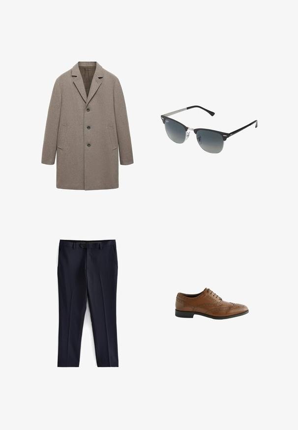 Beige Wollmantel mit Reverskragen, Drei-Knopf-Verschluss, seitlichen Taschen und geradem Schnitt, der eine strukturierte Oberfläche aufweist.; Drei-T-Shirt-Pack: eines in Schwarz und zwei in Weiß. Jedes T-Shirt hat einen Rundhalsausschnitt, kurze Ärmel und besteht aus glattem Baumwollstoff.; Next SLIM FIT ESSENTIAL - Anzughose - navy; Braune Leder-Schnürschuhe mit kunstvollen Broguing-Details, runder Zehenform und flachem Absatz. Verfügt über fünf Schnürösen und eine glatte Oberfläche.; Schwarze und silberne Sonnenbrille mit Katzenaugenform, verlaufenden Gläsern und metallischen Akzenten im Rahmen. Plastische Bügel mit grauen Spitzen.