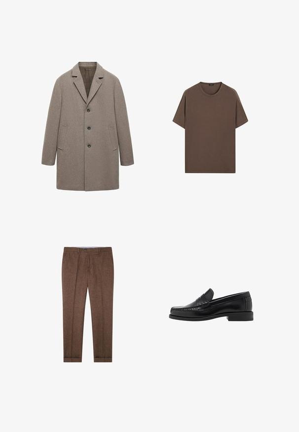 Beżowy wełniany płaszcz z klapami, zapięciem na trzy guziki, bocznymi kieszeniami i prostym krojem z fakturowanym wykończeniem.; Brązowa bawełniana koszulka z okrągłym dekoltem i krótkimi rękawami. Prosty design, wyrównana faktura i luźny krój. Brak wzorów czy akcentów.; Brązowe dopasowane spodnie z subtelną teksturą, z zakładkami, zapięciem na guzik i mankietami na końcu. Idealne do noszenia na uroczyste lub pół-uroczyste okazje.; Czarne skórzane mokasyny o gładkim wykończeniu, ze stębnowaniem na nosie i niskim obcasem, zapewniającymi komfort i styl.