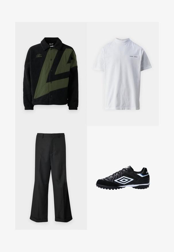 Czarna polarowa kurtka z oliwkowozielonym ukośnym wzorem. Posiada kołnierz i napy. Logo widoczne na klatce piersiowej.; Biała bawełniana koszulka z wysokim dekoltem i krótkimi rękawami. Z przodu znajduje się czarne logo "SAMSØE SAMSØE". Gładka tekstura.; Czarne spodnie o szerokich nogawkach z zapięciem na guziki w pasie i mankietami, prezentowane na jednolitym białym tle.; Czarne buty piłkarskie wykonane z syntetycznej skóry, z teksturowaną cholewką, białymi i niebieskimi akcentami, gumowa podeszwa z korkami dla lepszej przyczepności.