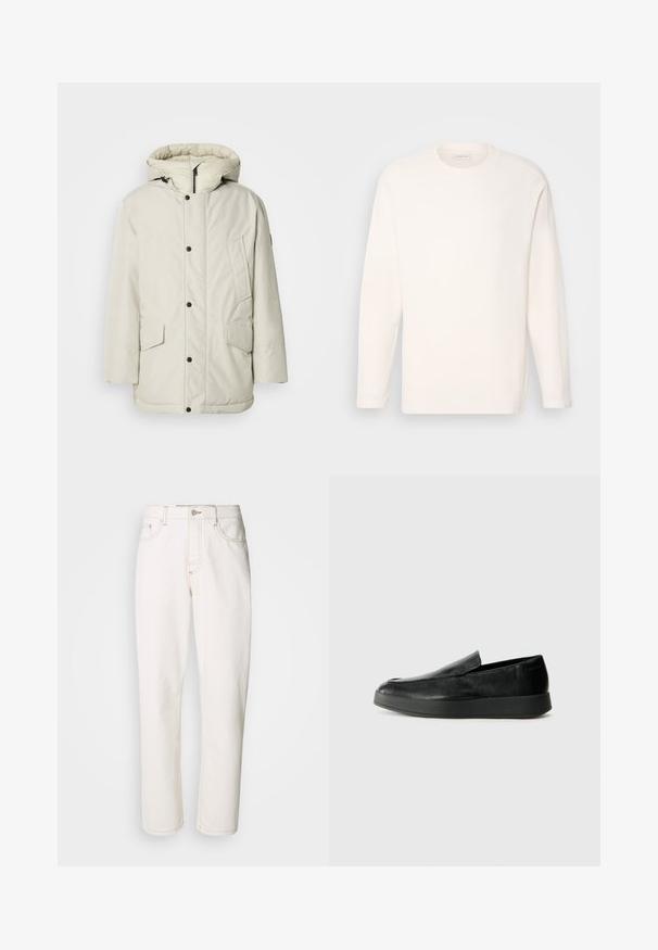 Svetlo bež izolirana parka s kapuco, z značilnostmi zadrge na sprednji strani, pritisnimi gumbi in dvema sprednjima žepoma s pokrovom. Gladka tekstura tkanine.; Majica s dolgimi rokavi in okroglo ovratnikom v off-white barvi iz gladkega materiala. Diskreten logotip na prsih, ravno rob in mehki manšeti.; Beli kavbojki iz denima s ravnim krojem, ki imajo šivane šive, kovinsko zaponko za zapiranje in standardno konstrukcijo s petimi žepi.; Calvin Klein HYBRID CUP - Čevlji brez vezalk - triple black