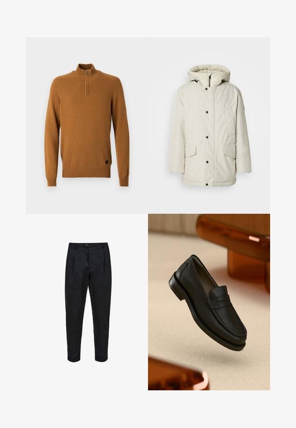 Šviesiai smėlinis izoliuotas parka su gobtuvu, turinti užtrauktuko priekį, kai kuriuos užsegimus ir dvi priekinės kišenes su sklendžių uždarymu. Lygus audinio paviršius.; Bronzinės spalvos megztinis su aukštu kaklu ir ketvirčio užtrauktuku. Pagamintas iš tekstūruoto mezginio audinio. Gaminys turi raukšlėtas rankoves ir apatinę dalį. Logotipas apačioje.; Juodos kelnės, pagamintos iš lygios medžiagos, su raukšlėta priekiu, siaurėjančiu siluetu ir apsuktomis apačiomis. Paprastas mygtukų užsegimas juosmens srityje.; Juodos odos laivų bato modelis su tekstūruotu paviršiumi, pasižymintis siūlėta siūle ir guminio pado. Padėtas ant šviesios spalvos paviršiaus.