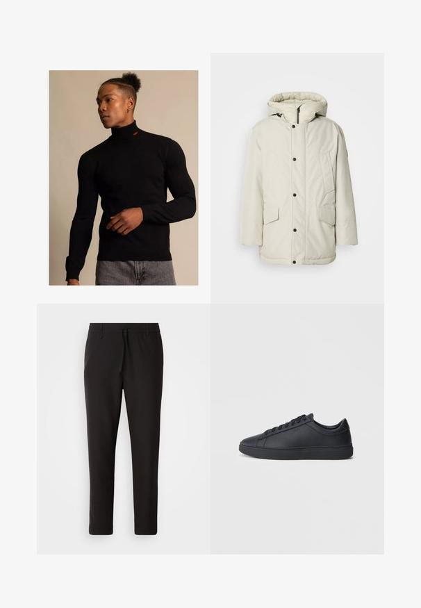 Světlý béžový zateplený parka s kapucí, s předním zipem, patentky a dvěma předními kapsami se klopy. Hladká textilní struktura.; Černý rolák vyrobený z žebrovaného materiálu s dlouhými rukávy. Obsahuje malé červené logo na krku. Nosit s šedými džíny.; Černé teplákové kalhoty vyrobené z hladké látky. Mají elastický pas se šňůrkou, zúžené nohavice a žádné viditelné kapsy. Jednoduchý design.; Černé tenisky z hladké kůže s nízkým designem, kulatou špičkou a plochou gumovou podrážkou. Mají šněrování a nenápadné branding.