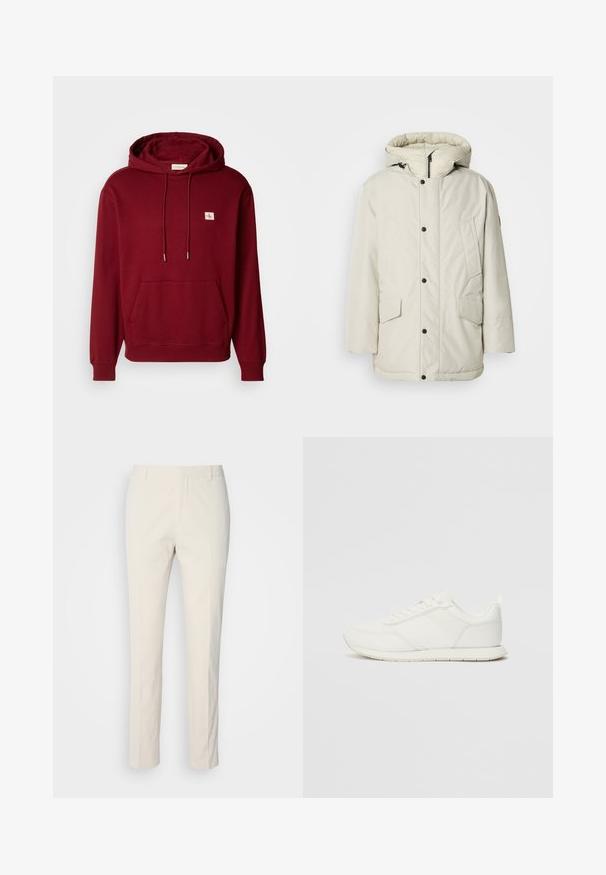 Light beige insulated parka with a hood, featuring a zippered front, snap buttons, and two front pockets with flap closures. Smooth fabric texture.; Burgundy hooded sweatshirt made of soft cotton, featuring a front pocket, drawstrings, and a small logo patch, with ribbed cuffs and hem.; Cream-colored tailored pants with a textured fabric. Features a straight leg design, belt loops, and two front pockets. No patterns.; White sneaker with a mesh and synthetic upper, round toe, flat laces, and a textured side stripe. Rubber sole with a pull tab at the back.