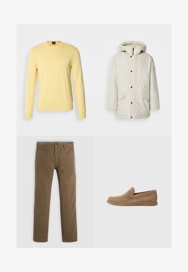 Svetlo bež izolirana parka s kapuco, z značilnostmi zadrge na sprednji strani, pritisnimi gumbi in dvema sprednjima žepoma s pokrovom. Gladka tekstura tkanine.; Rumena pletena pulover s okroglim ovratnikom in dolgimi rokavi. Ima majhen kvadratni logotip na prsih. Gladka tekstura in prilega se telesu.; Khaki bombažne hlače s ravnim krojem, ki vključujejo gumbasto zapiranje, dve sprednji žepi in gladko teksturo.; Rjave semiš slip-on loafers z gladko teksturo in šivanim detajlom; vključujejo gumijast podplat za oprijem.