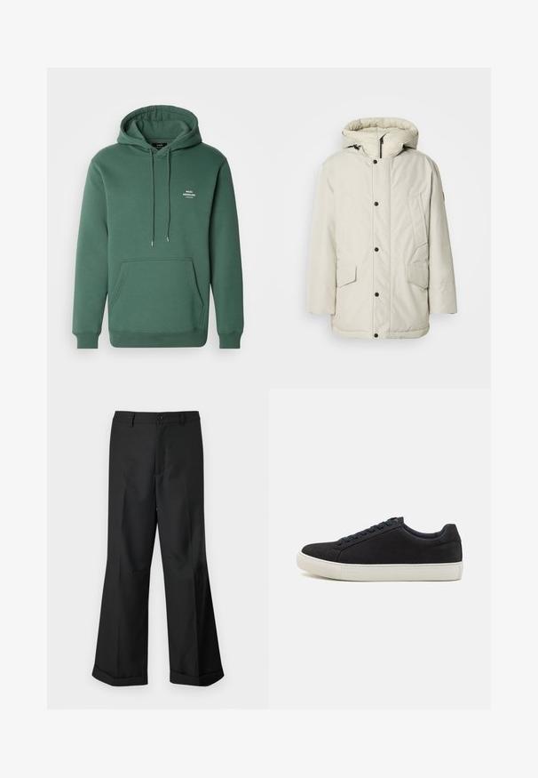 Světlý béžový zateplený parka s kapucí, s předním zipem, patentky a dvěma předními kapsami se klopy. Hladká textilní struktura.; Zelená mikina s kapucí vyrobená z měkkého materiálu, s přední kapsou, šňůrkami a malým bílým logem na hrudi. Klasický střih a žebrované manžety.; Černé kalhoty s širokými nohavicemi, s páskem na knoflíky a zakončením nohavic do manžet, vystavené na čistém bílém pozadí.; Černé semišové tenisky s kulatou špičkou, bílou gumovou podrážkou, kontrastními modrými šňůrkami a hladkým povrchem. Minimalistický design bez viditelného loga.
