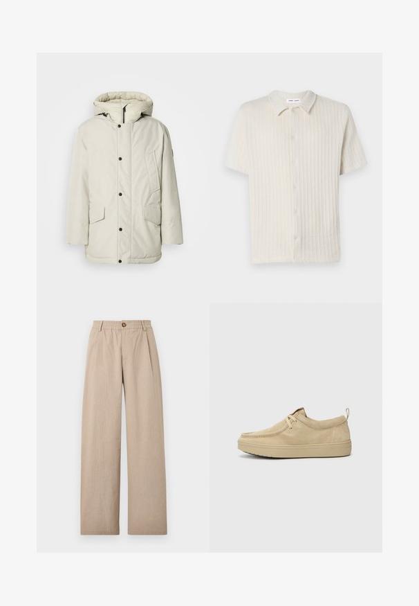 Hellbeige isolierte Parka mit Kapuze, mit einem Reißverschluss vorne, Druckknöpfen und zwei Vordertaschen mit Klappenverschluss. Glatte Stoffstruktur.; Kurzärmliges, knöpfbares Hemd in hellbeige mit strukturiertem, geripptem Muster und klassischem Kragen. Hergestellt aus weichem, atmungsaktivem Material.; Beige weit geschnittene Hosen mit strukturiertem Finish, versehen mit Falten und einem elastischen Bund, der vorne mit einem bronzefarbenen Knopf gesichert ist.; Beige Wildlederschlupfschuhe mit runder Spitze, minimaler Nahtführung und Gummisohle. Weicher Stoff mit einem dezenten Markenakzent an der Ferse.