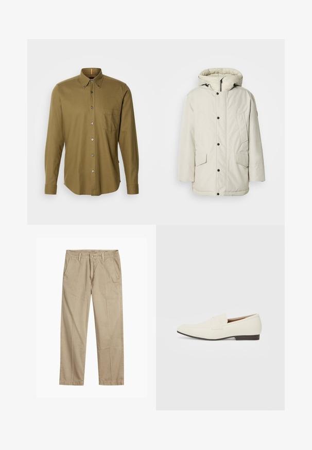 Világos bézs színű, kapucnis, szigetelt parka, cipzáros elejével, patentszorítós gombjaival és két elöl található, fedeles zsebbel. Simább szövettextúra.; BOSS RICKERT - Ing - open green; Beige egyenes szárú chino nadrág övhurkokkal, elülső gombos és cipzáras záródással, valamint ferde elülső zsebekkel.; Világos bézs loaferek hegyes orral, sima anyagból, a lábfejen lévő pánttal és alacsony barna talppal. Egyszerű dizájn, minimális díszítéssel.