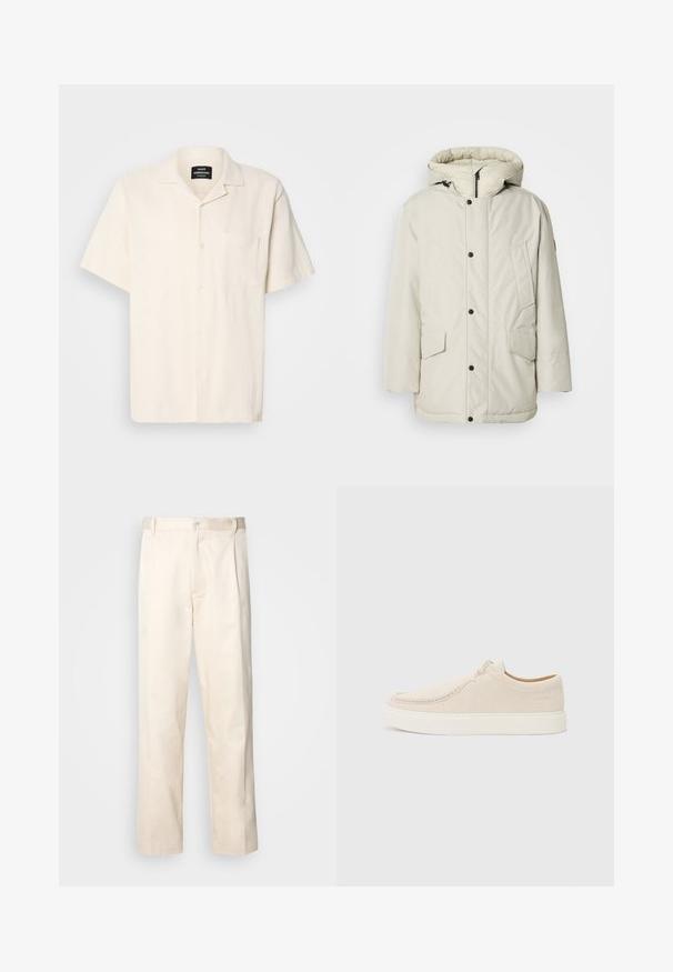 Jasnobeżowa ocieplana parka z kapturem, z zamkiem błyskawicznym z przodu, napami oraz dwiema przednimi kieszeniami z klapkami. Gładka faktura tkaniny.; Koszula krótko rękawowa w kolorze kremowym, o teksturowanym materiale, z kołnierzykiem typu camp, kieszenią z przodu i zapięciem na guziki na jednolitym tle.; Beżowe bawełniane spodnie o prostym kroju nogawki, z zapięciem na guziki i plisami z przodu dla dodatkowego zdobienia.; Jasno beżowe zamszowe sneakersy z okrągłym noskiem, minimalnym przeszyciem i białą gumową podeszwą. Posiadają prosty system sznurowania oraz detal z logo.
