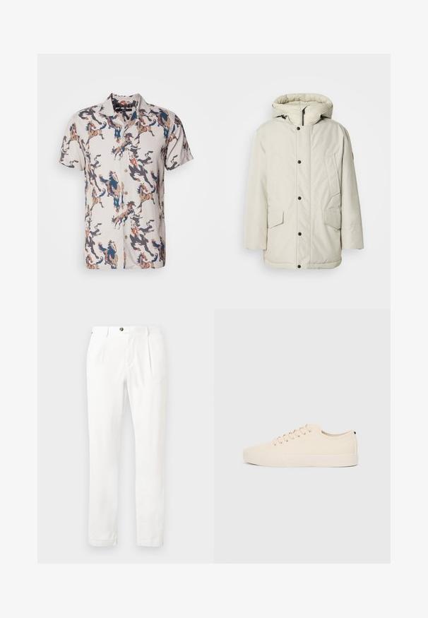 Parka aislante de color beige claro con capucha, que presenta un cierre frontal con cremallera, botones de presión y dos bolsillos frontales con solapas. Textura de tela suave.; Camisa de manga corta en tejido ligero con una base beige y patrones coloridos de caballos en tonos azules, marrones y negros. Con botones en la parte delantera.; Pantalones blancos con un frente plano, dos pinzas y cierre de botón. Están hechos de una tela ligera, cuentan con piernas rectas y puños enrollados.; Zapatillas de lona beige con puntera redonda, suela de goma plana y cierre de cordones en la parte delantera. Presentan un diseño minimalista y un acento negro contrastante en el talón.