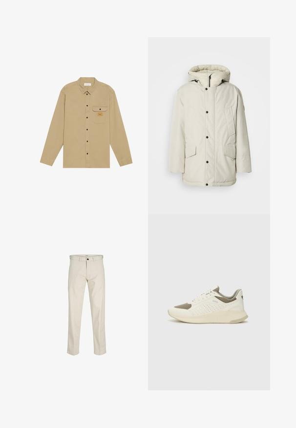 Svetlo bež izolirana parka s kapuco, z značilnostmi zadrge na sprednji strani, pritisnimi gumbi in dvema sprednjima žepoma s pokrovom. Gladka tekstura tkanine.; Bež srajca z dolgimi rokavi, izdelana iz bombaža, z ovratnikom na gumb, črnimi gumbi, žepom na prsih in blagovno oznako na žepu.; Bež bombažne hlače s ravnim krojem, gumbom za zaponko, sprednjimi žepi in šivanimi šivi. Gladka tekstura, minimalno pozornost na podrobnosti in brez vzorcev.; Beli in svetlo bež športni copat, s mrežastim zgornjim delom, perforiranimi detajli in teksturirano srednjim delom z blagovno znamko na peti.