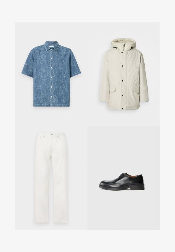 Šviesiai smėlinis izoliuotas parka su gobtuvu, turinti užtrauktuko priekį, kai kuriuos užsegimus ir dvi priekinės kišenes su sklendžių uždarymu. Lygus audinio paviršius.; Šviesiai mėlynas džinsinis marškinėliai trumpomis rankovėmis, su sagų užsegimu, taškuotu apykakle ir subtiliu tekstūros raštu visame paviršiuje.; Baltos džinsinės kelnės su tiesiu kojų siluetu, užsegimu su mygtuku ir užtrauktuku, penkių kišenių dizainu ir be matomų raštų ar akcentų.; Juodų odinių batų su apvalia nosimi, lygiu paviršiumi, raišteliais ir žemu, struktūrizuotu guminio pado padu. Aiškios linijos ir minimalus dizainas.