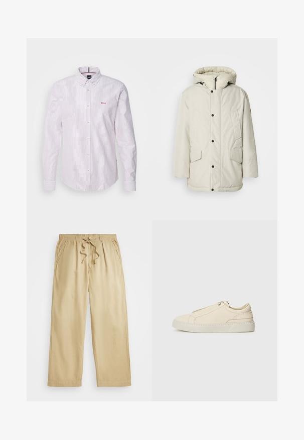 Gai beige izolēts parka mētelis ar kapuci, ar rāvējslēdzēju priekšā, spiedpogām un divām priekšējām kabatām ar atloku aizdarēm. Gluda auduma tekstūra.; BOSS ROAN - Krekls - dark red; Bežīgas bikses ar savilktām auklām, elastīgu jostu, platām kājām, divām sānu kabatām un ar šūtām apmalēm. Mīksta, viegla auduma.; Bežīga ādas kedas ar noapaļotu purngalu, minimālistisku dizainu, smalkiem stīgām un teksturētu virsmu uz gaišas zoles.